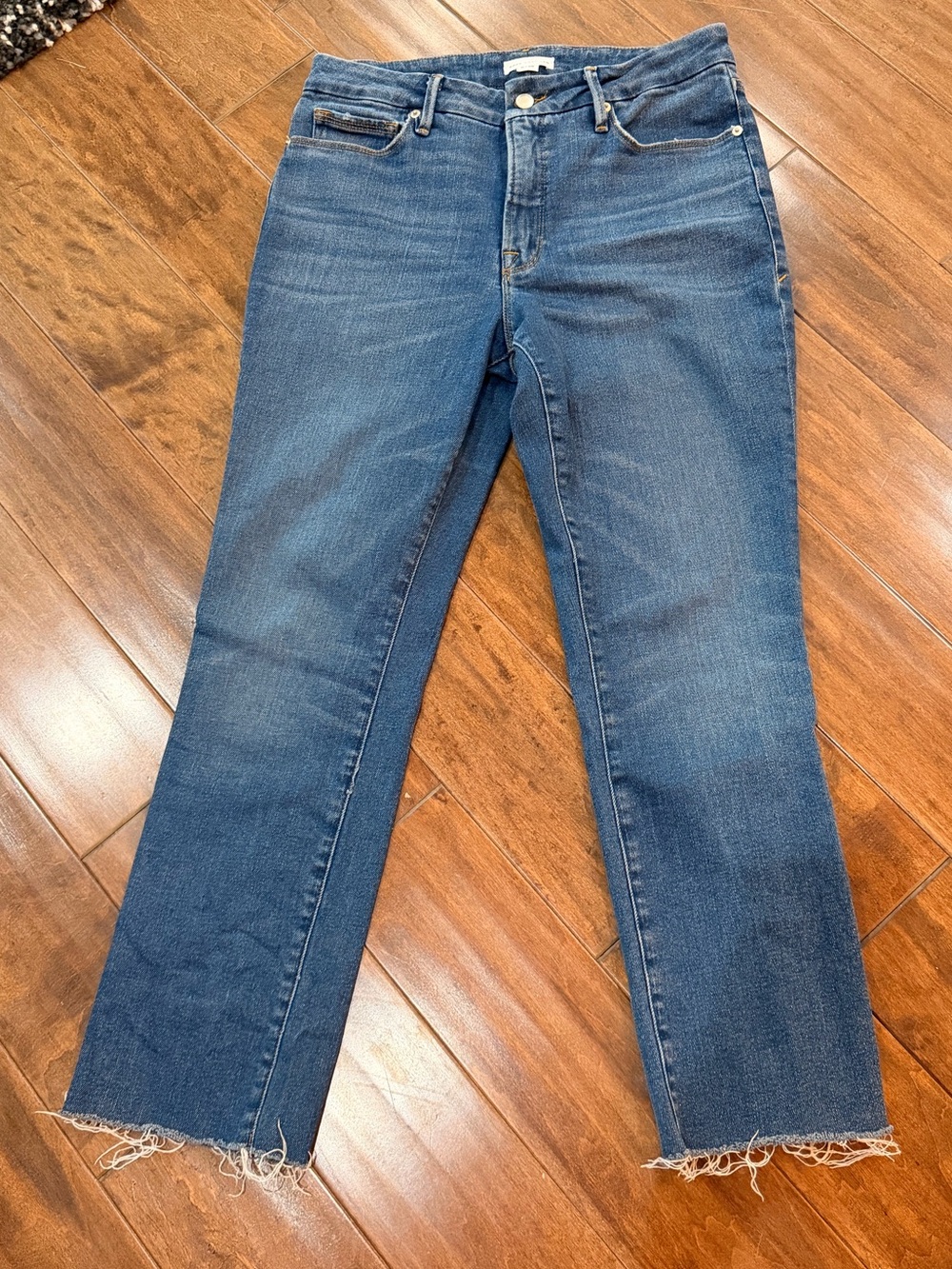 Good American Medium Blue Straight Leg Jeans with Raw Hem